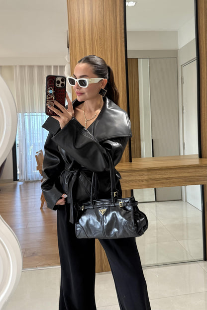 Quality Siyah Deri Kemerli Ceket