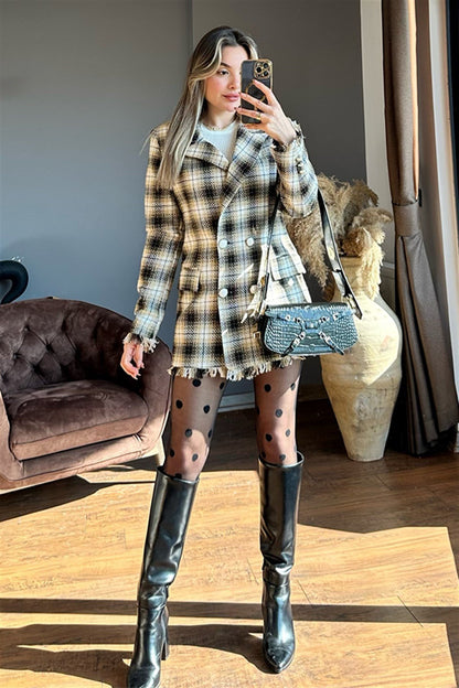 Queen kareli kahve tüvit blazer ceket