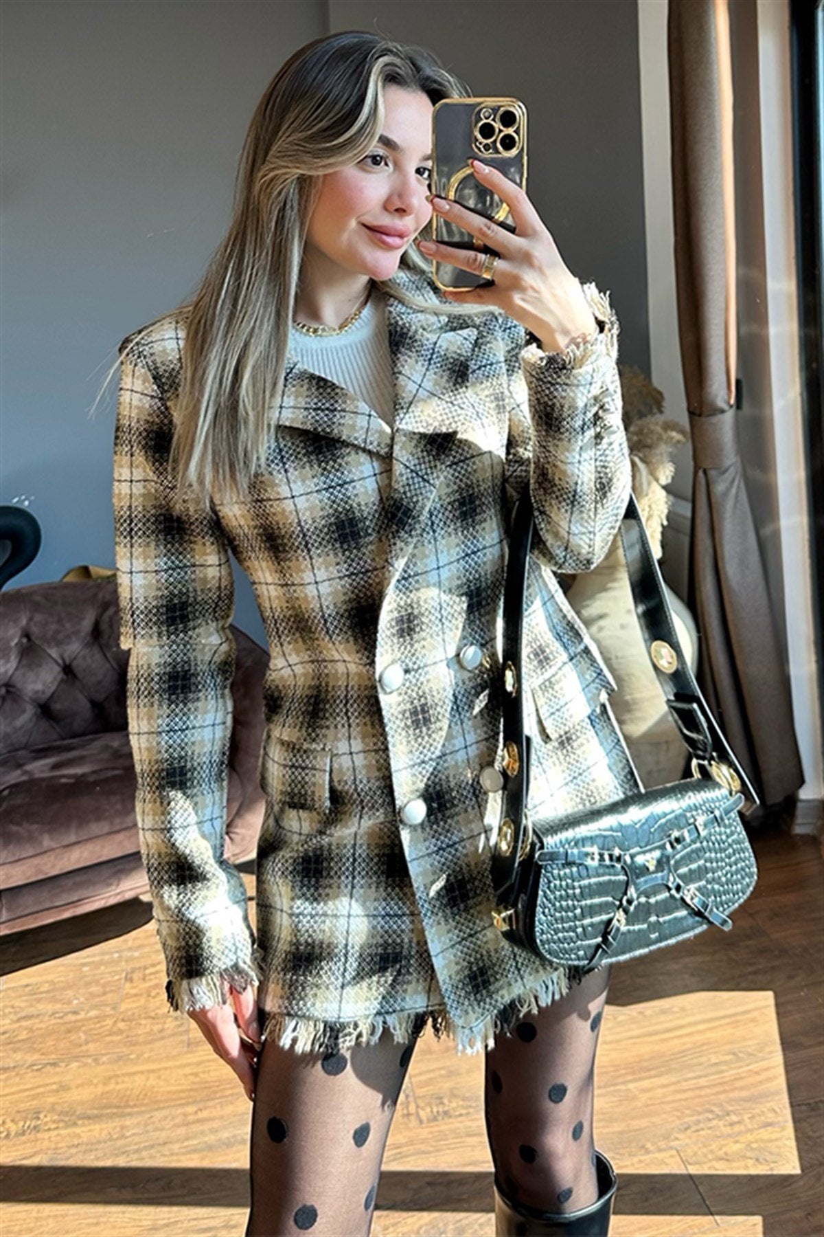 Queen kareli kahve tüvit blazer ceket