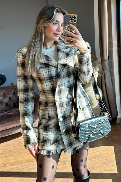 Queen kareli kahve tüvit blazer ceket