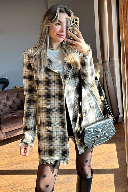 Queen kareli kahve tüvit blazer ceket