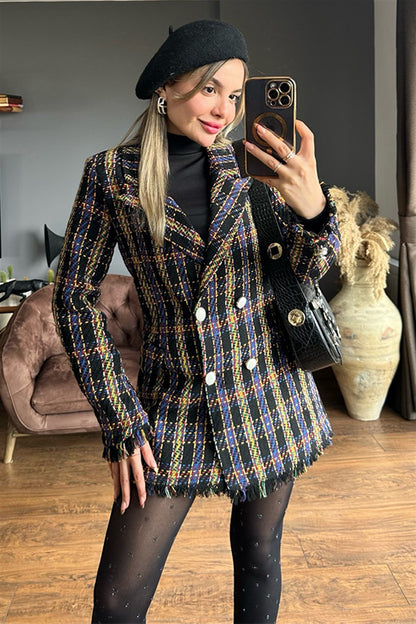 Queen kareli mor geçişli tüvit blazer ceket