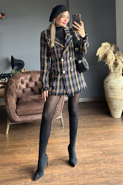 Queen kareli mor geçişli tüvit blazer ceket