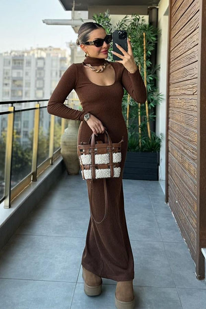 Quince Göğüs Dekolteli Triko Elbise - Kahve