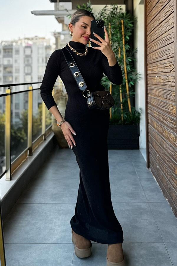 Quince Göğüs Dekolteli Triko Elbise - Siyah