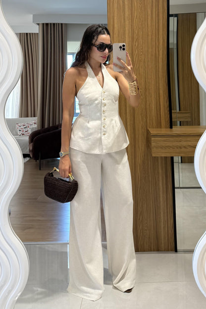 Rafael Ekru Keten Yelekli Takım