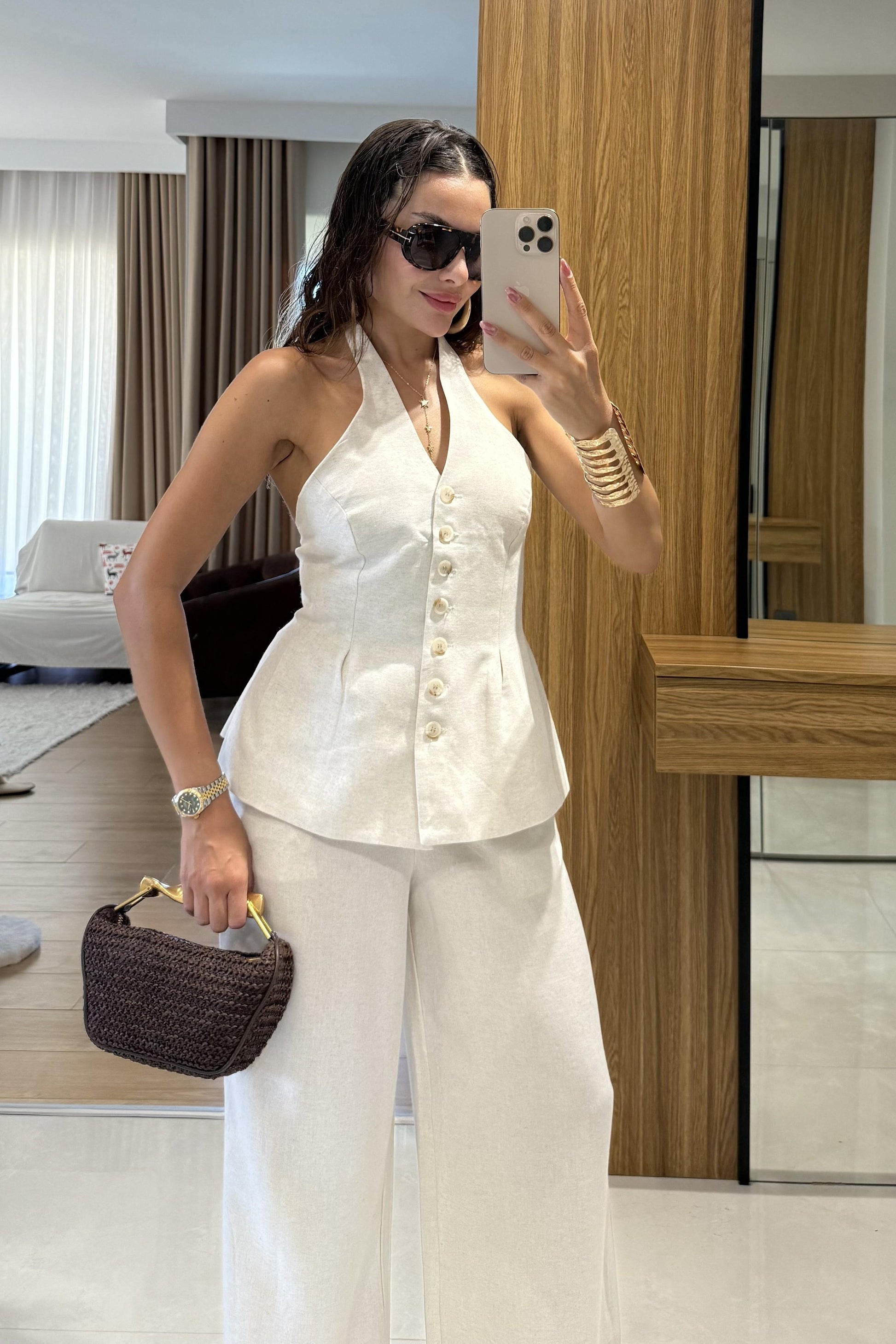 Rafael Ekru Keten Yelekli Takım