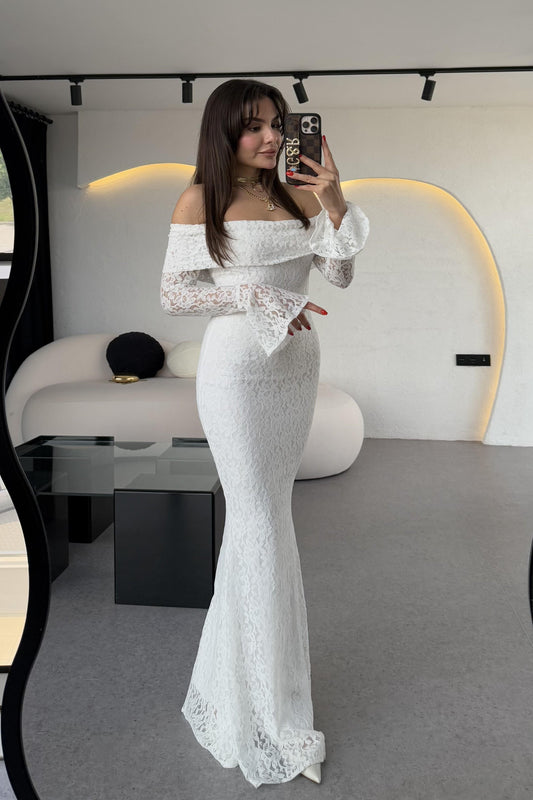 Rafosa Beyaz Romantik Dantel Elbise