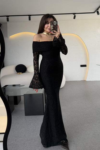 Rafosa Siyah Romantik Dantel Elbise