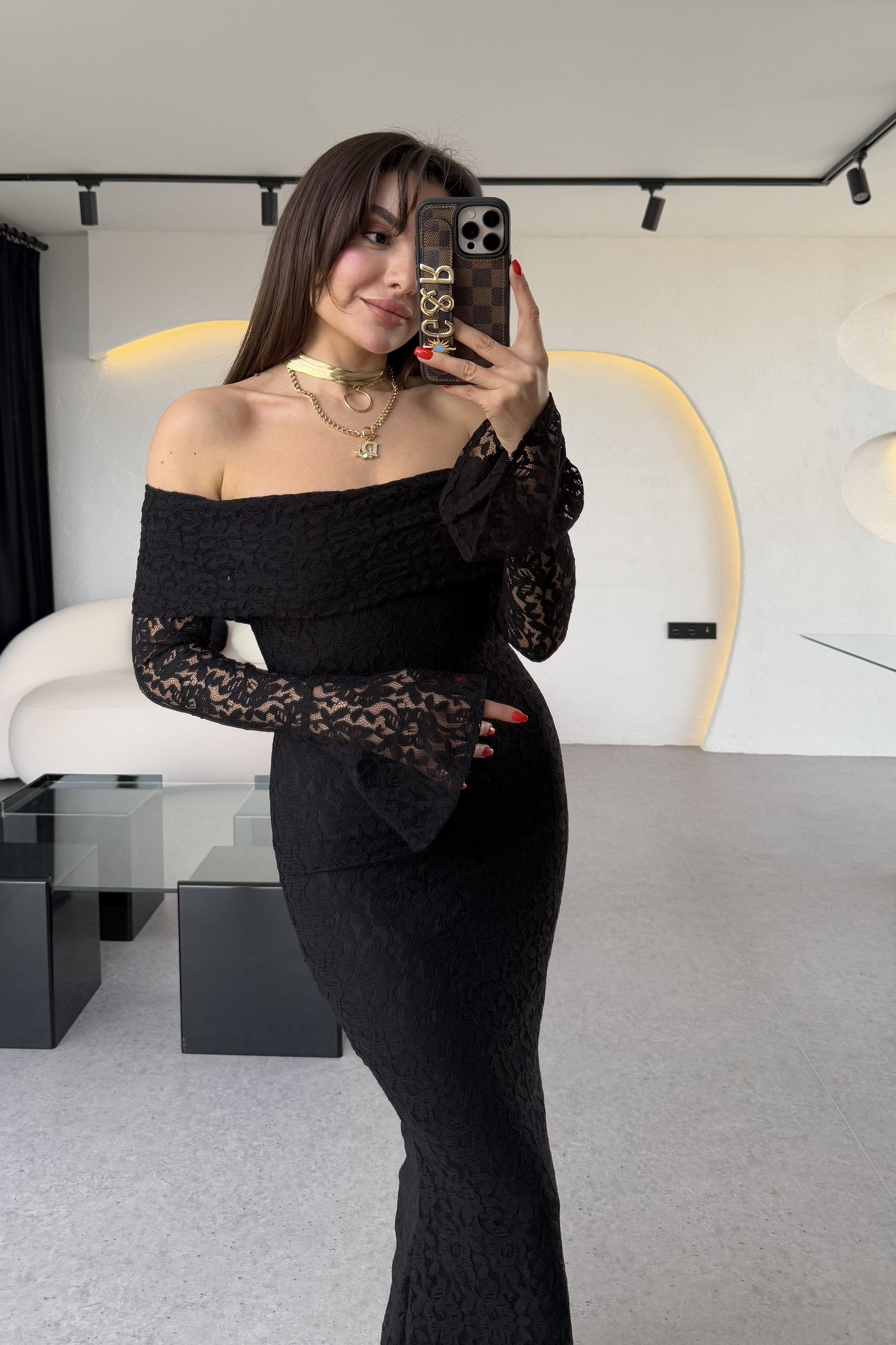 Rafosa Siyah Romantik Dantel Elbise