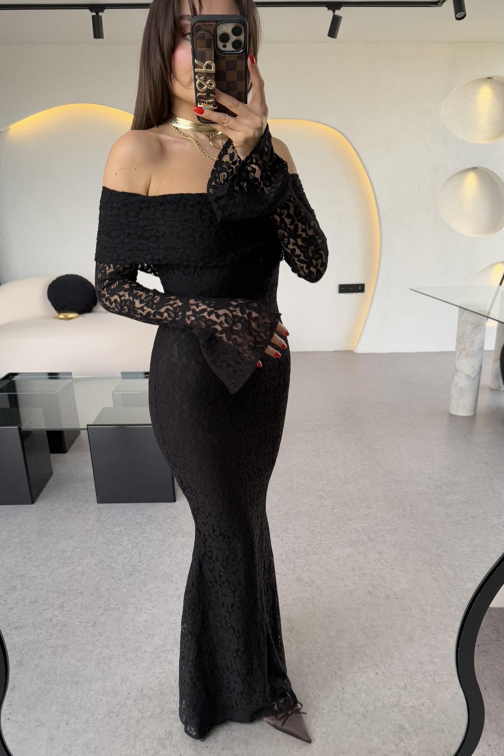 Rafosa Siyah Romantik Dantel Elbise