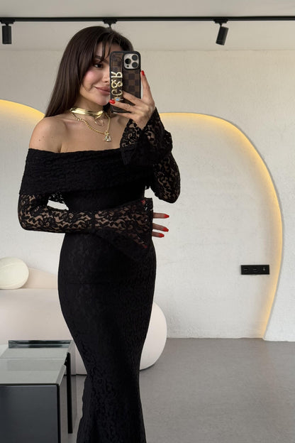 Rafosa Siyah Romantik Dantel Elbise