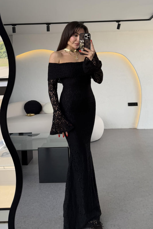 Rafosa Siyah Romantik Dantel Elbise