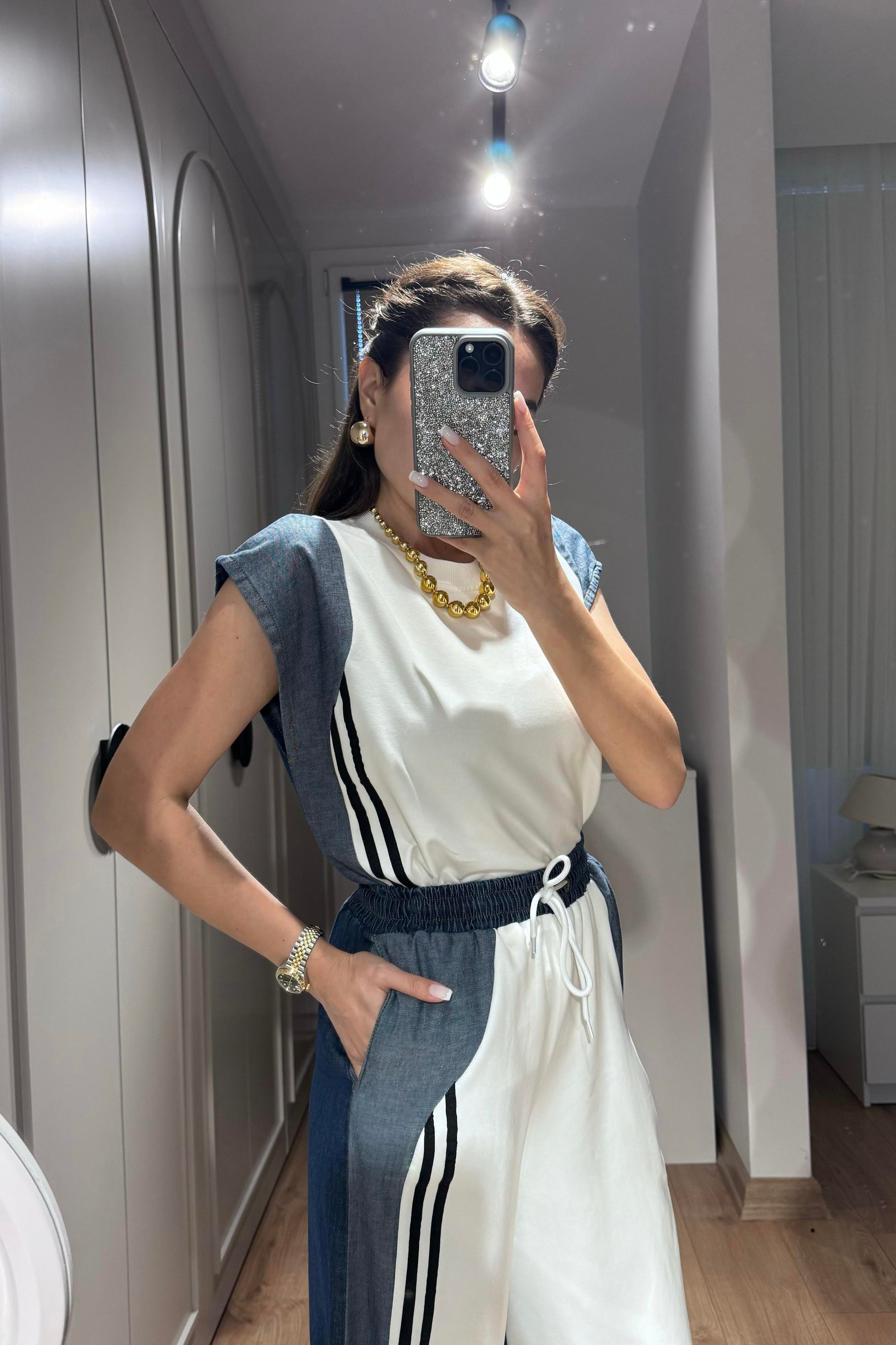 Raige Beyaz Kot Karışımlı Şeritli Takım