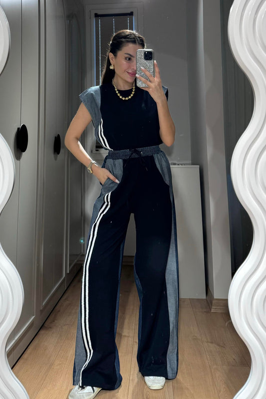 Raige Lacivert Kot Karışımlı Şeritli Takım