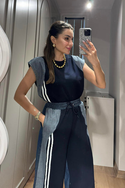 Raige Lacivert Kot Karışımlı Şeritli Takım