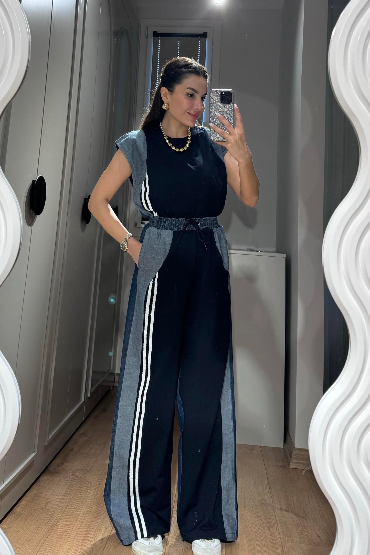 Raige Lacivert Kot Karışımlı Şeritli Takım