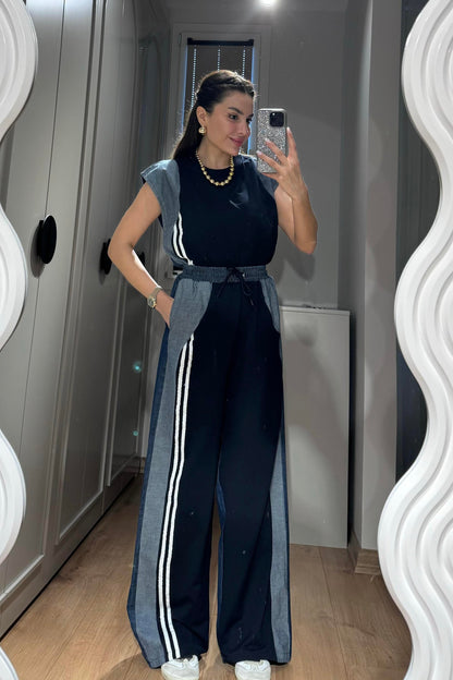 Raige Lacivert Kot Karışımlı Şeritli Takım