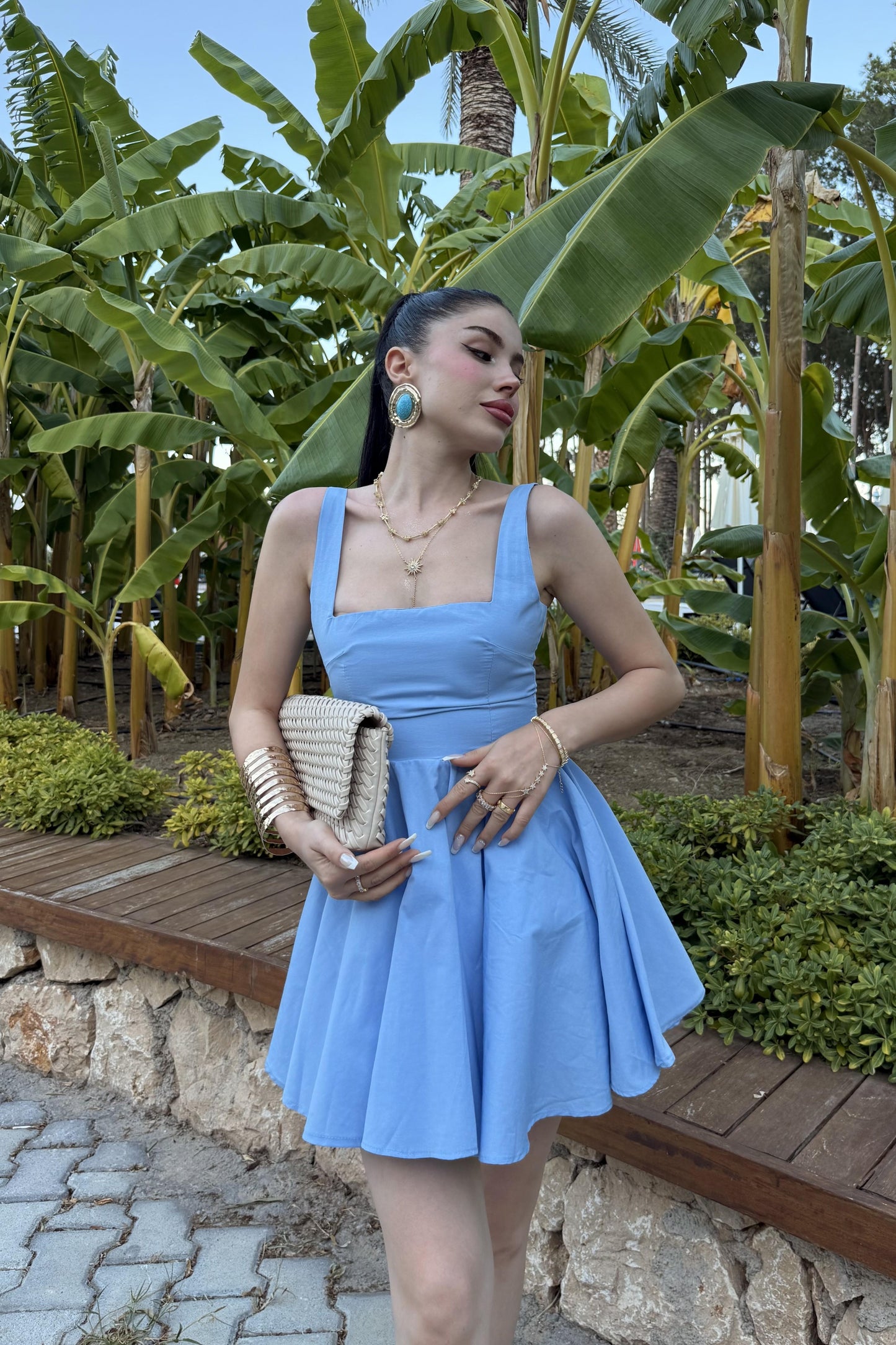 Rainbow Mavi Fiyonk Detaylı Mini Elbise