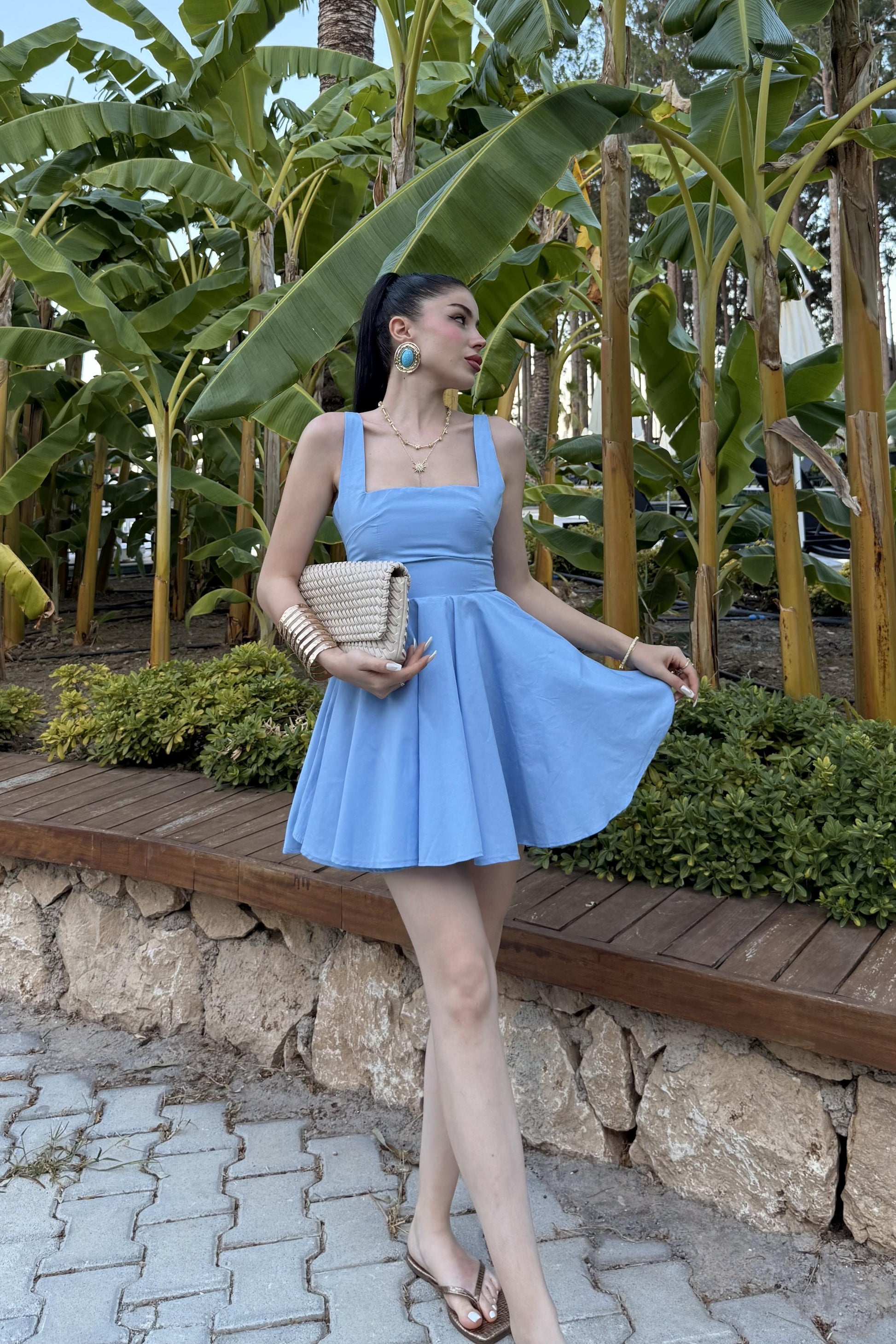 Rainbow Mavi Fiyonk Detaylı Mini Elbise