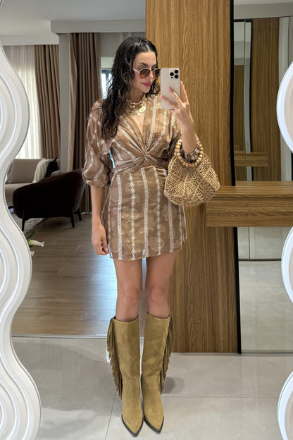 Ravira Kahve Fistolu Balon Kol Ön Düğümlü Elbise