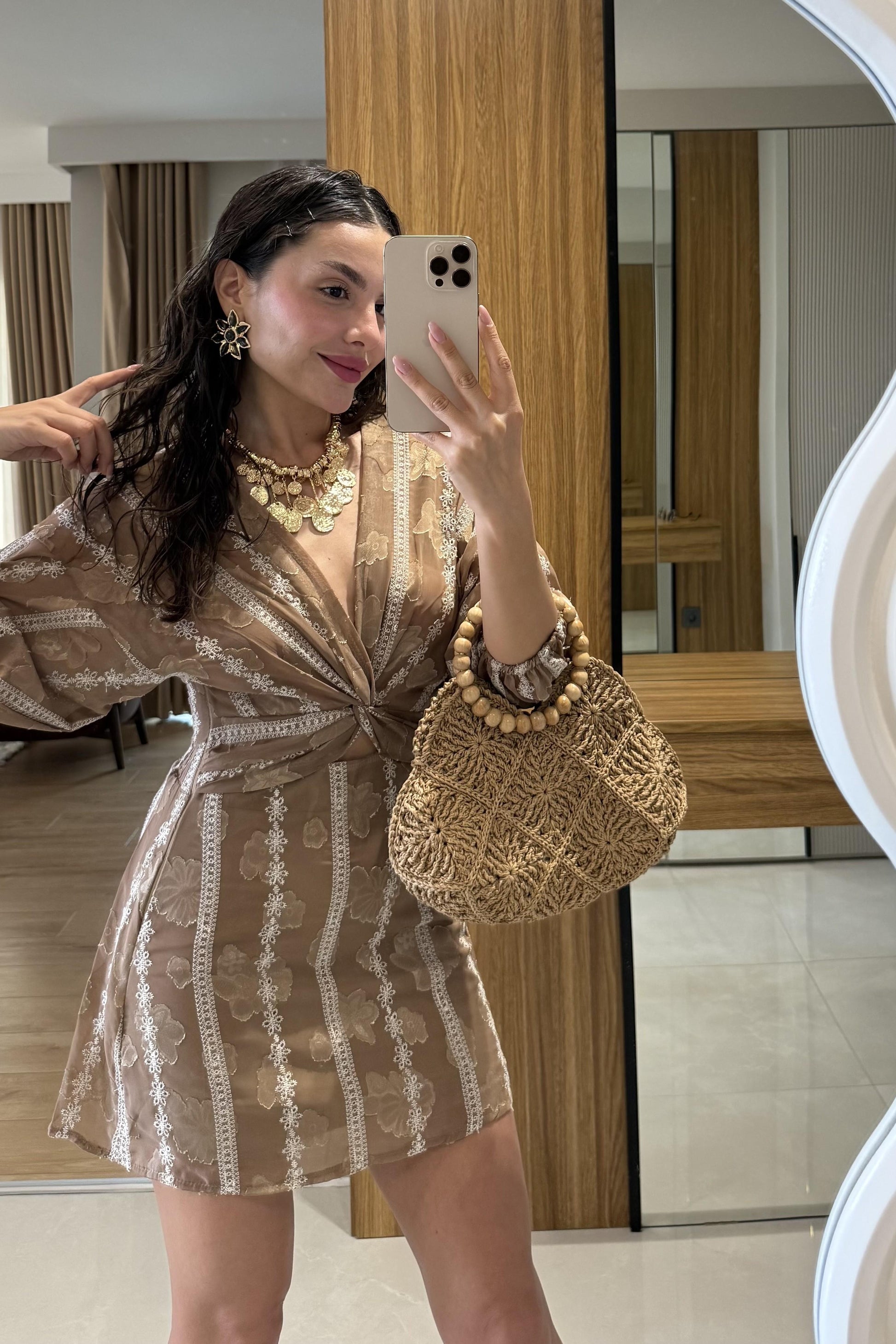 Ravira Kahve Fistolu Balon Kol Ön Düğümlü Elbise