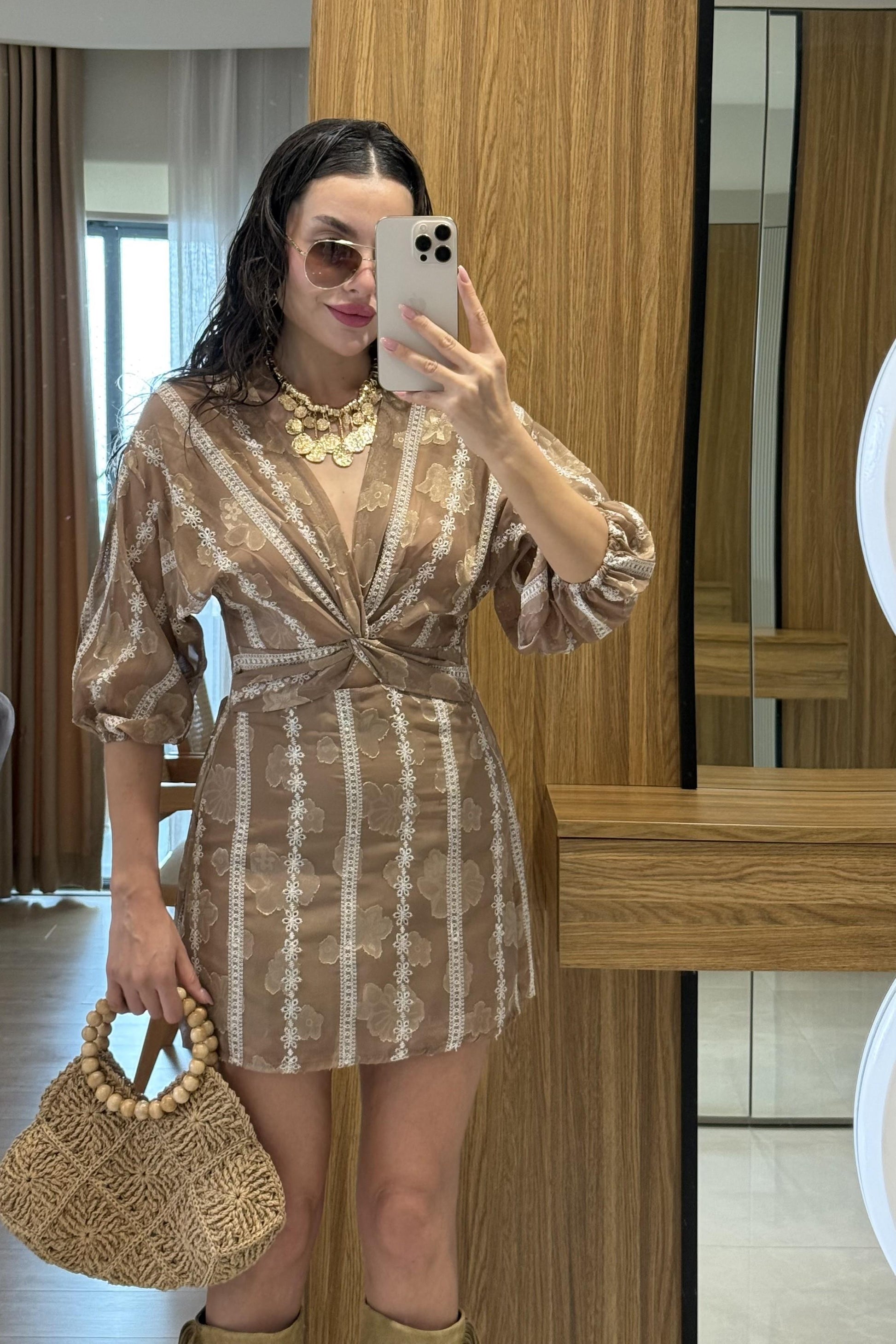 Ravira Kahve Fistolu Balon Kol Ön Düğümlü Elbise