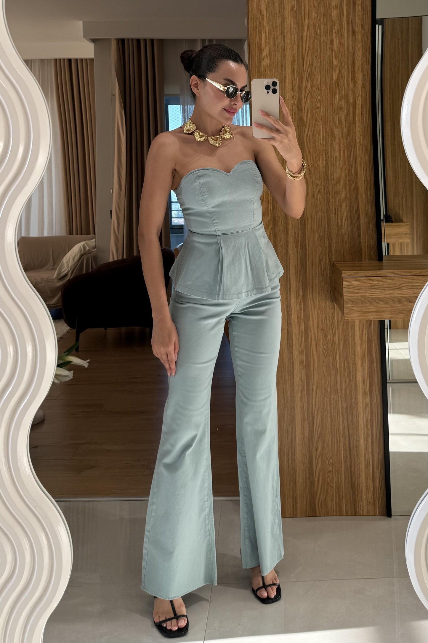 Ravka Mavi Straplez Volanlı Takım