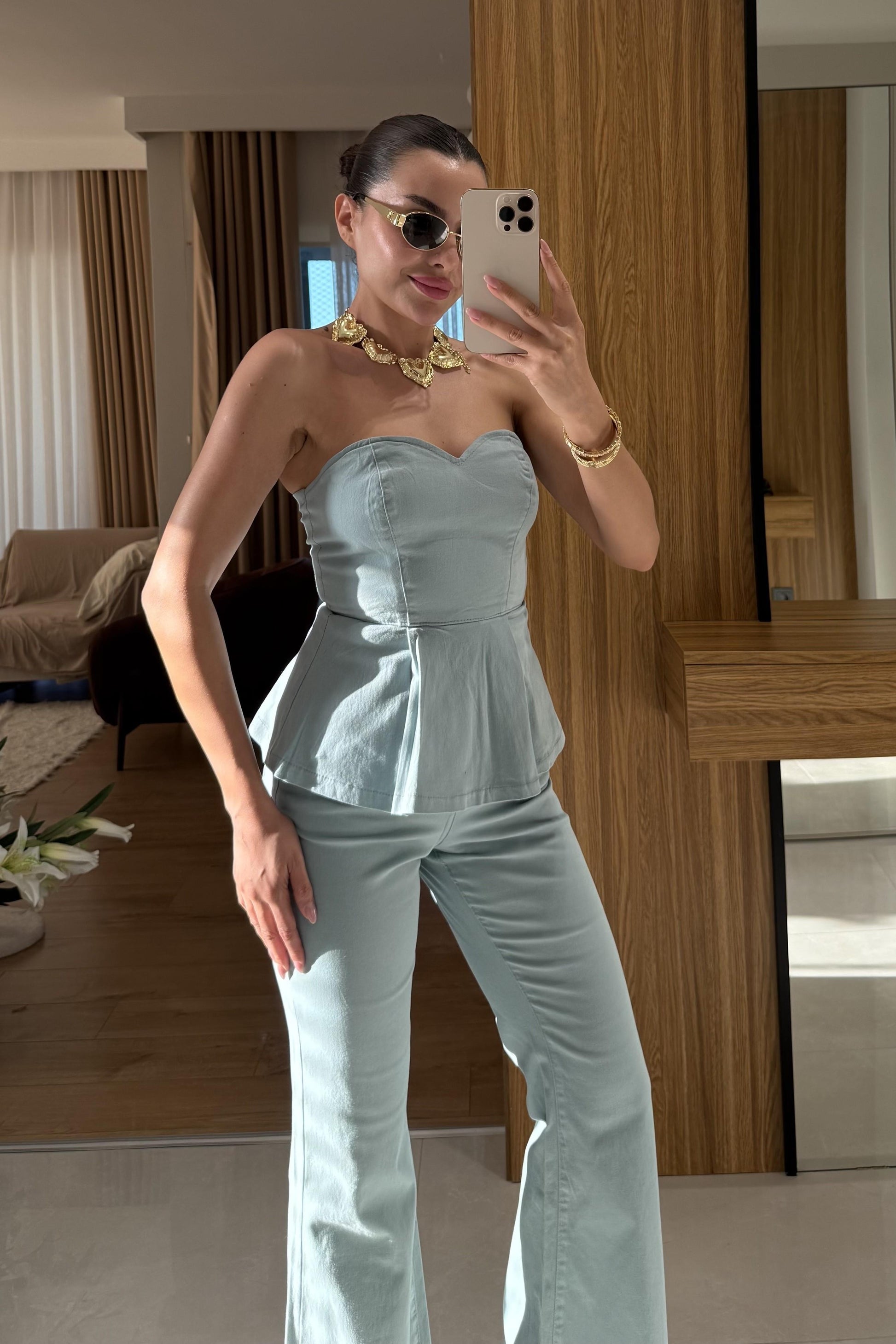 Ravka Mavi Straplez Volanlı Takım