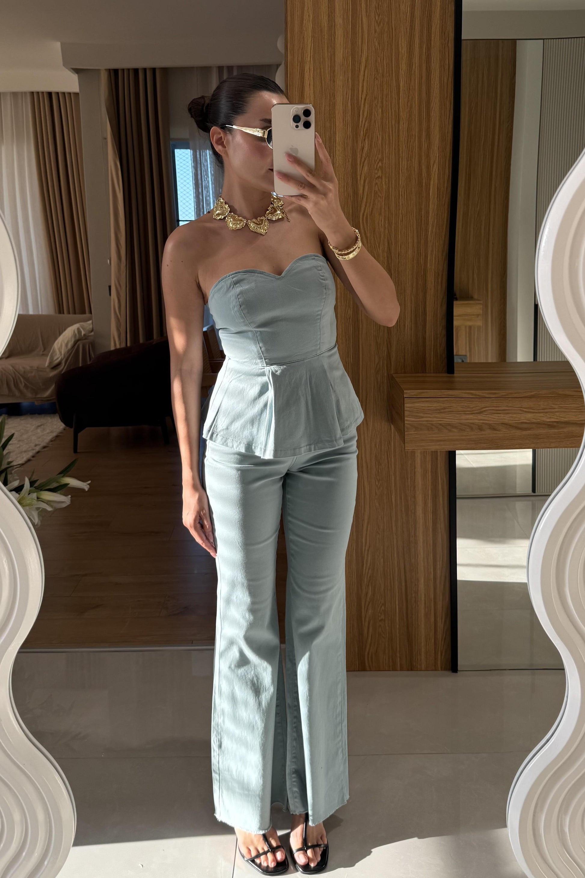 Ravka Mavi Straplez Volanlı Takım