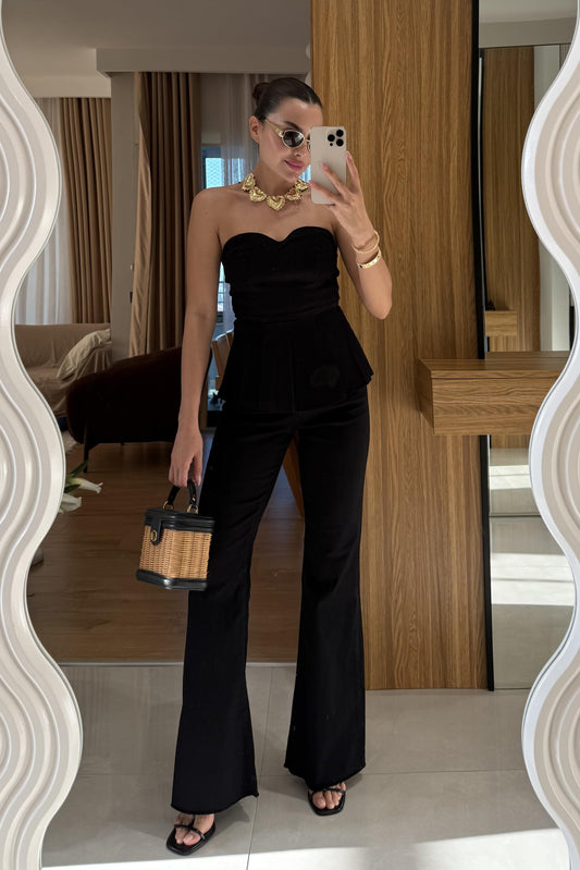 Ravka Siyah Straplez Volanlı Takım