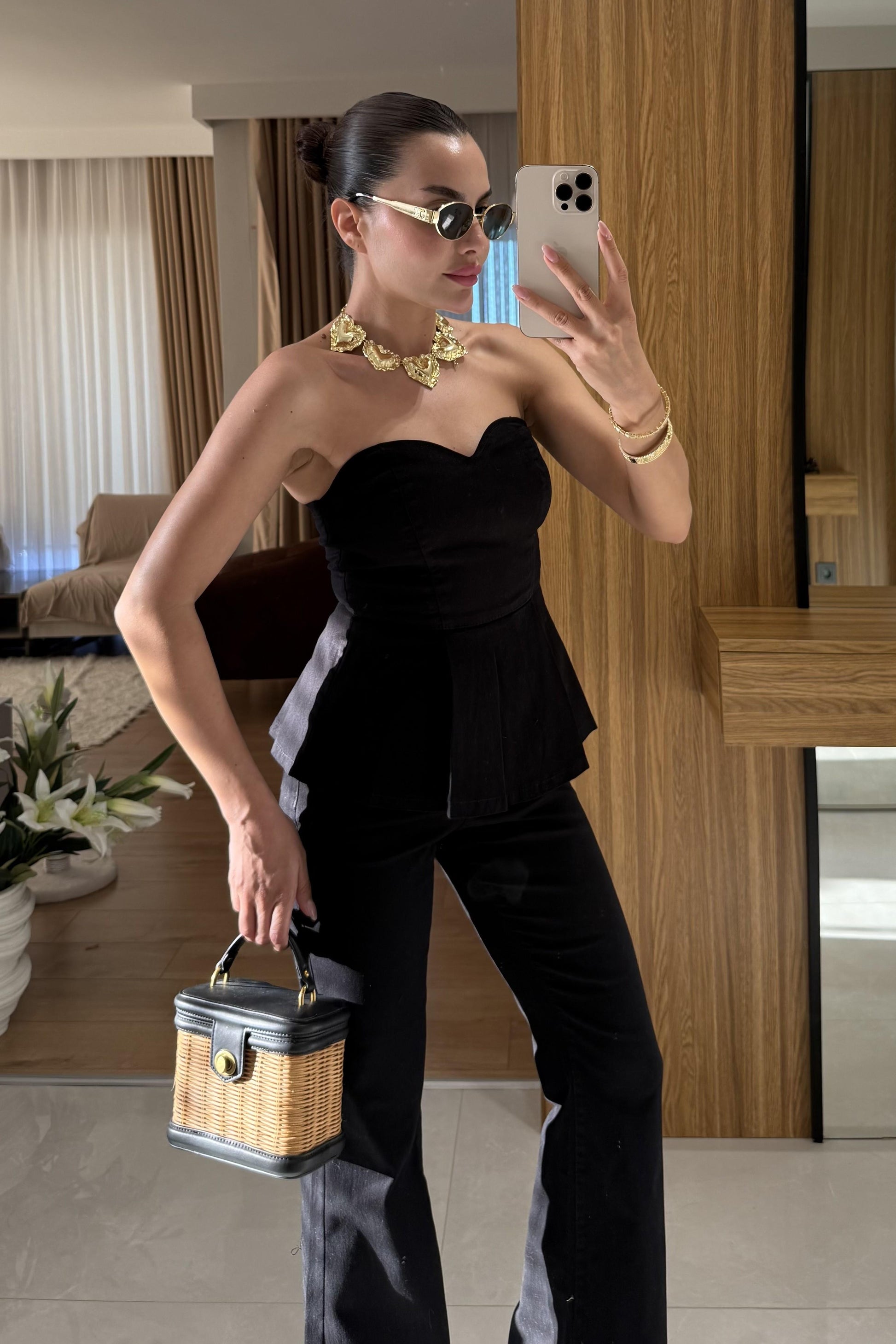 Ravka Siyah Straplez Volanlı Takım