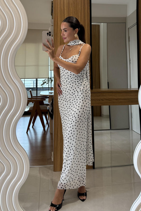 Reacter Beyaz Şal Detaylı Astarlı Puantiyeli Elbise