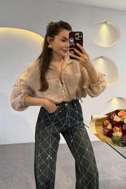 Rebeca Bej Organze Kısa Bomber Ceket