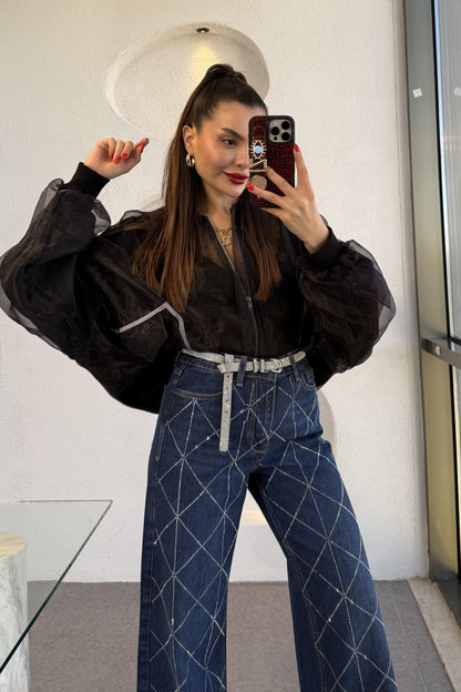 Rebeca Siyah Organze Bomber Ceket
