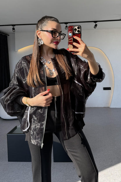 Rebeca Siyah Organze Bomber Ceket