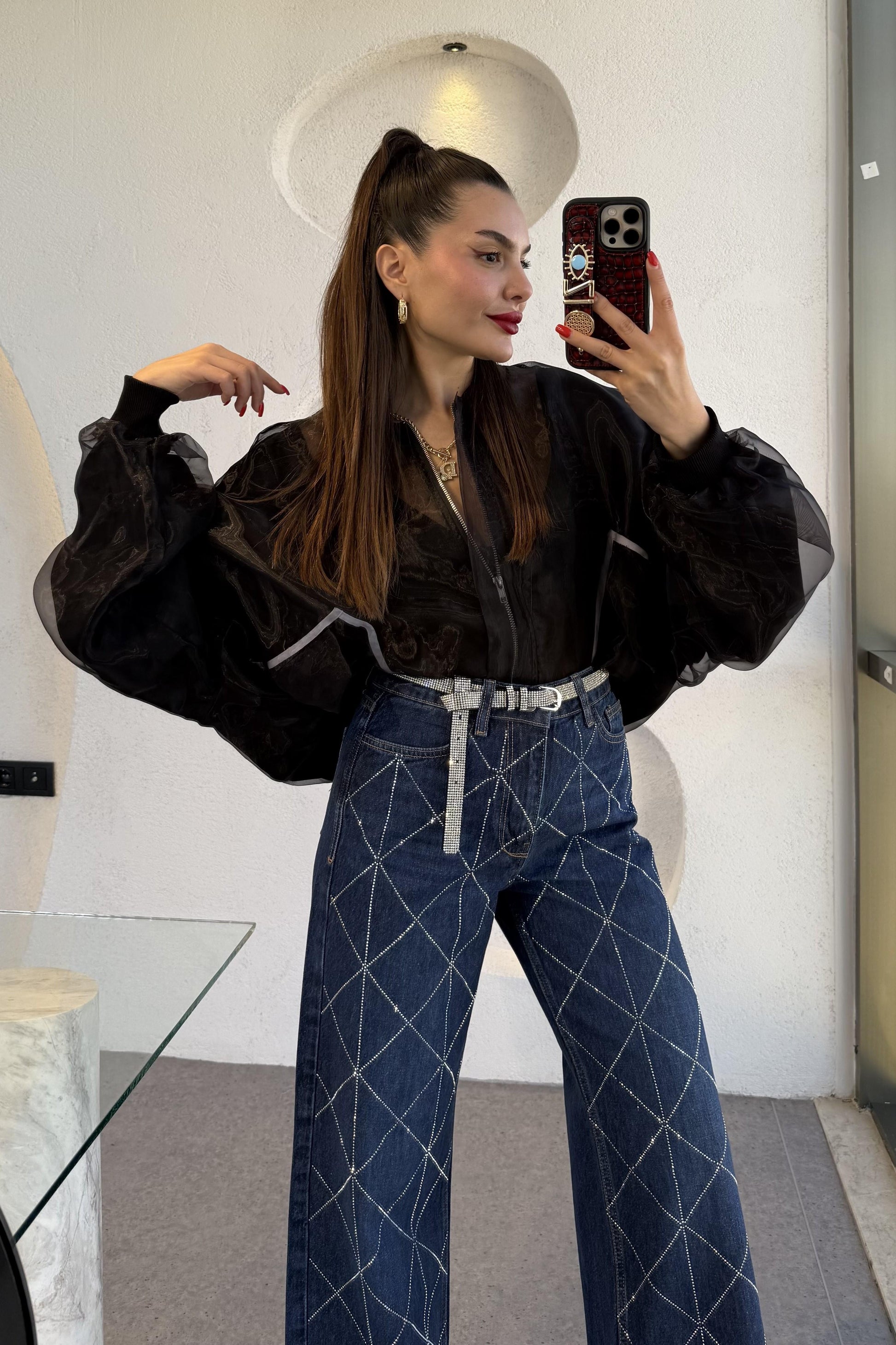 Rebeca Siyah Organze Bomber Ceket