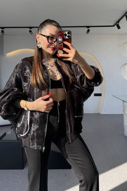 Rebeca Siyah Organze Bomber Ceket