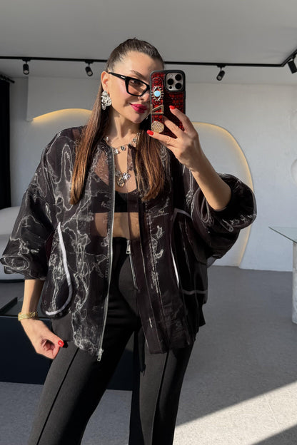 Rebeca Siyah Organze Bomber Ceket