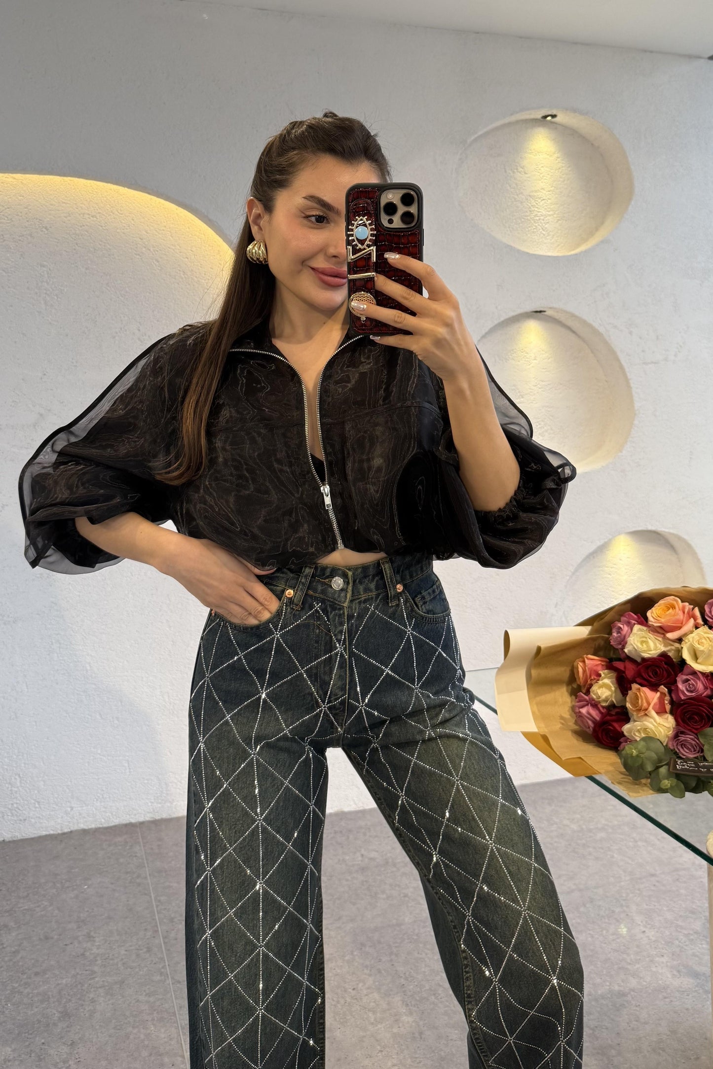 Rebeca Siyah Organze Kısa Bomber Ceket