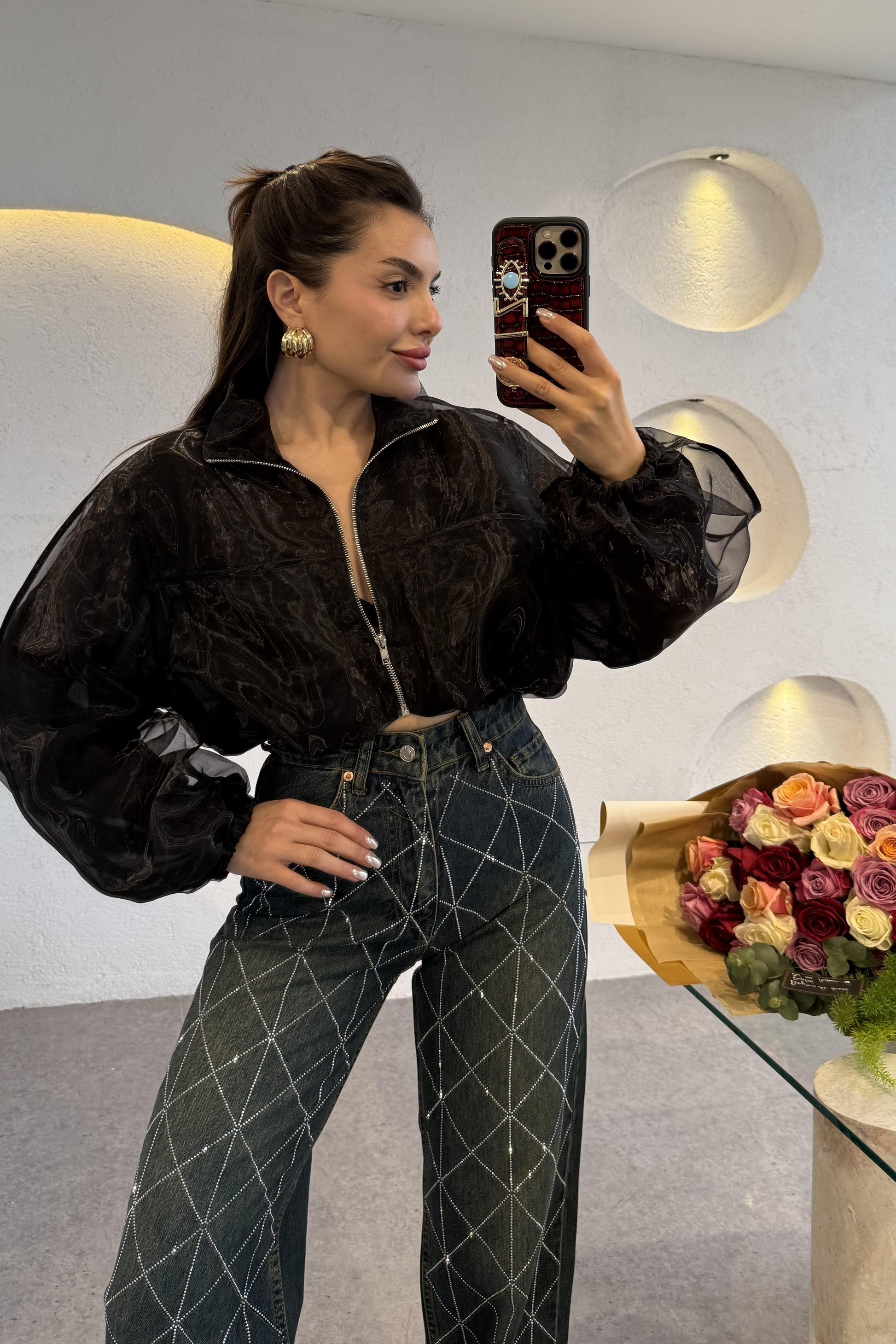 Rebeca Siyah Organze Kısa Bomber Ceket