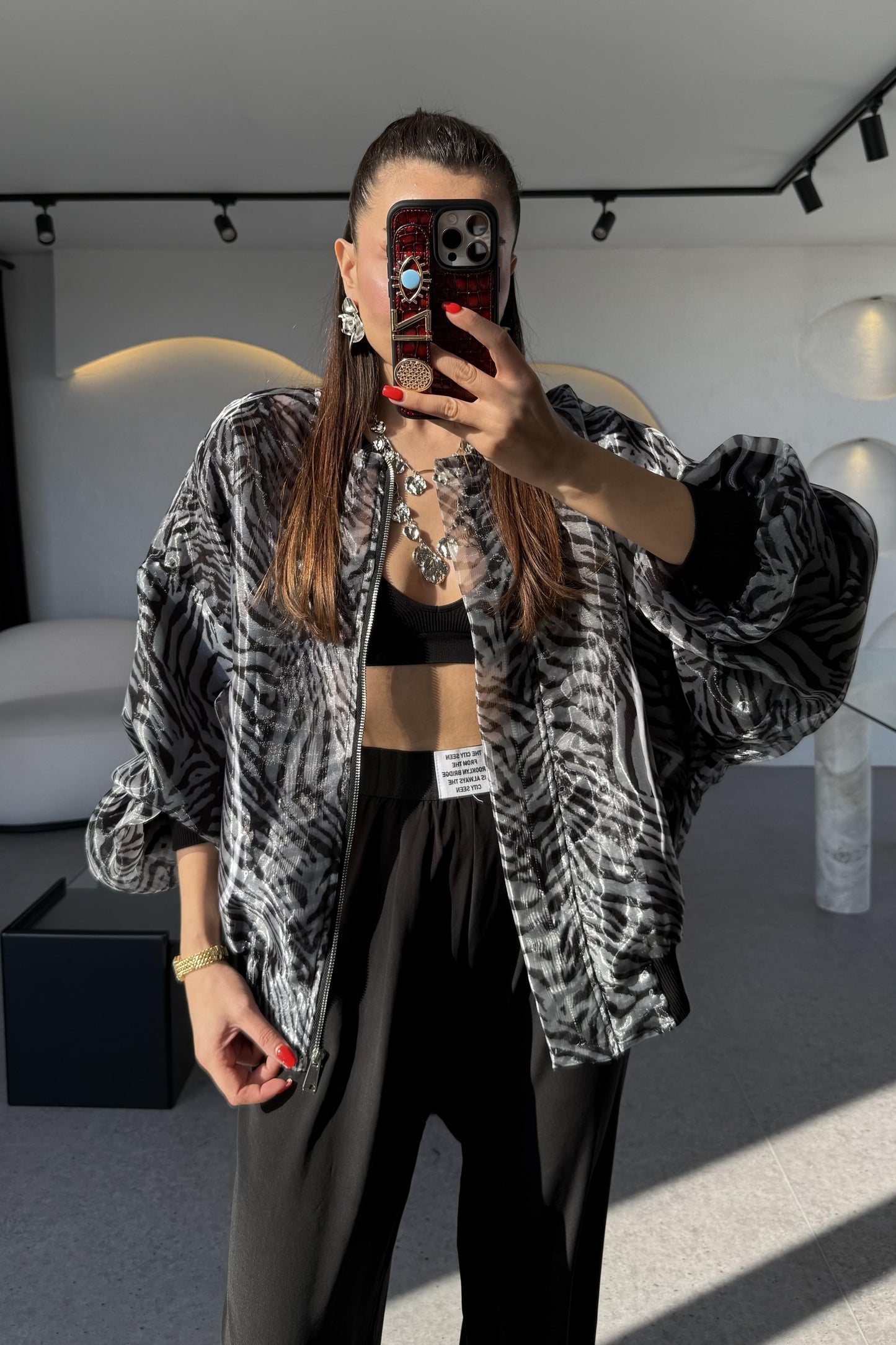 Rebeca Zebra Desen Organze Bomber Ceket