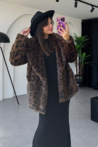 Rebecca Kahve Leopar Desen Kürk