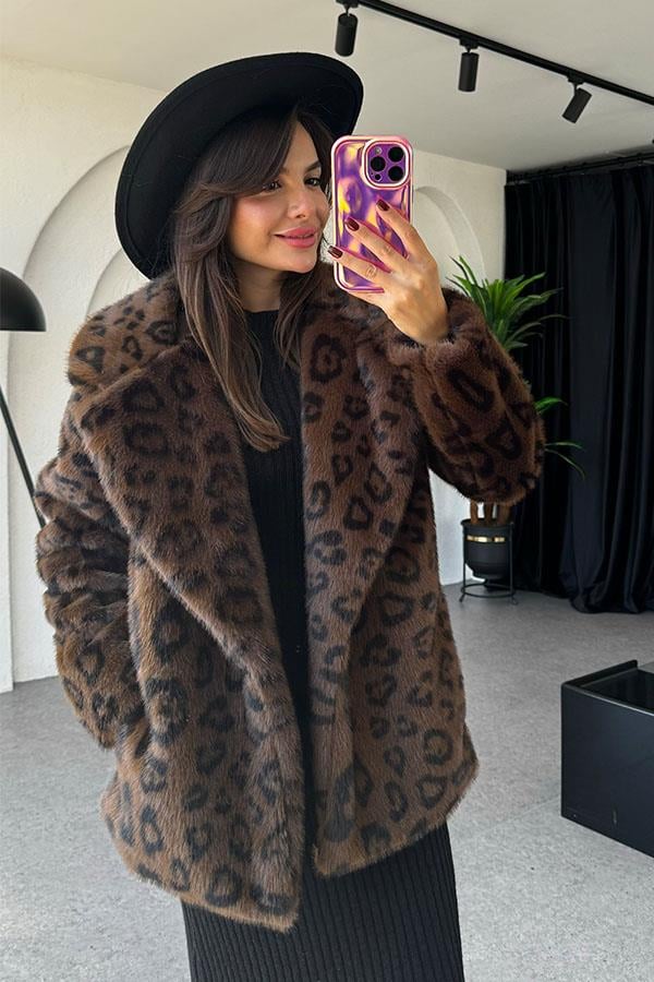 Rebecca Kahve Leopar Desen Kürk