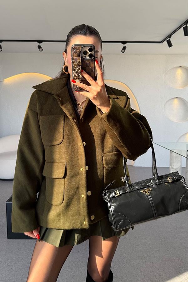 Rechts Haki Cep Detaylı Kaşe Ceket