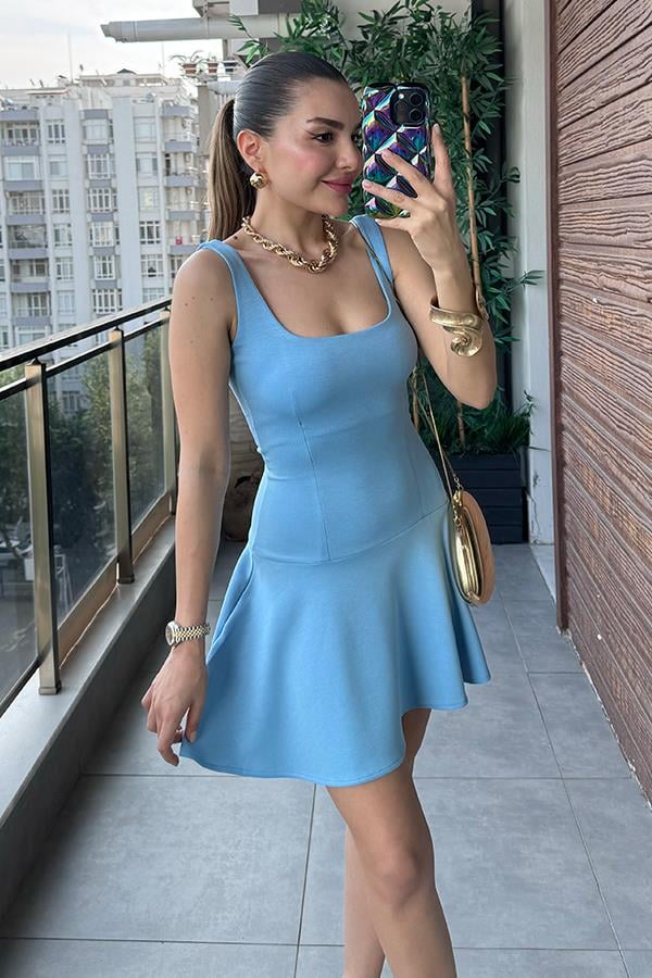 Remain Eteği Volanlı Mini Elbise - Bebe Mavi