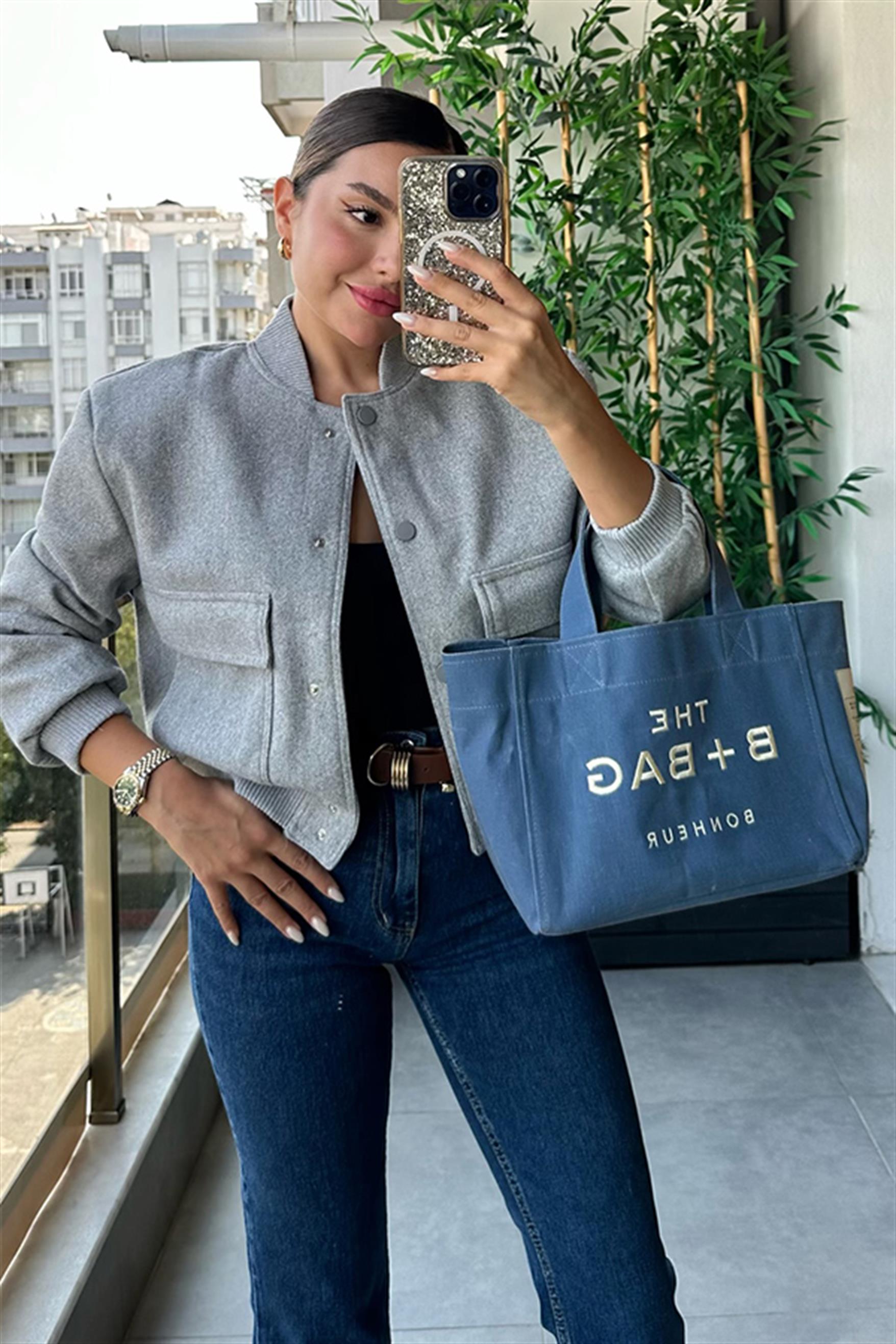 Reni gri cepli bomber ceket