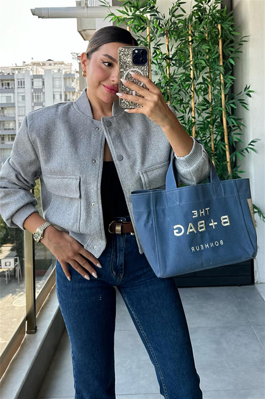 Reni gri cepli bomber ceket