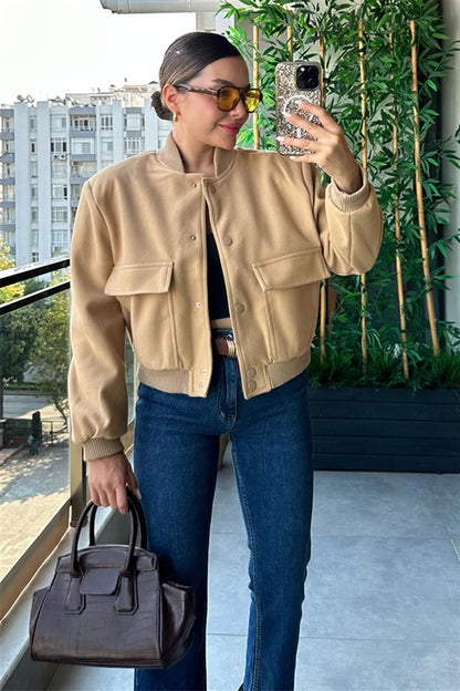 Reni karamel cepli bomber ceket