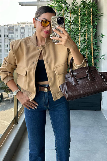 Reni karamel cepli bomber ceket